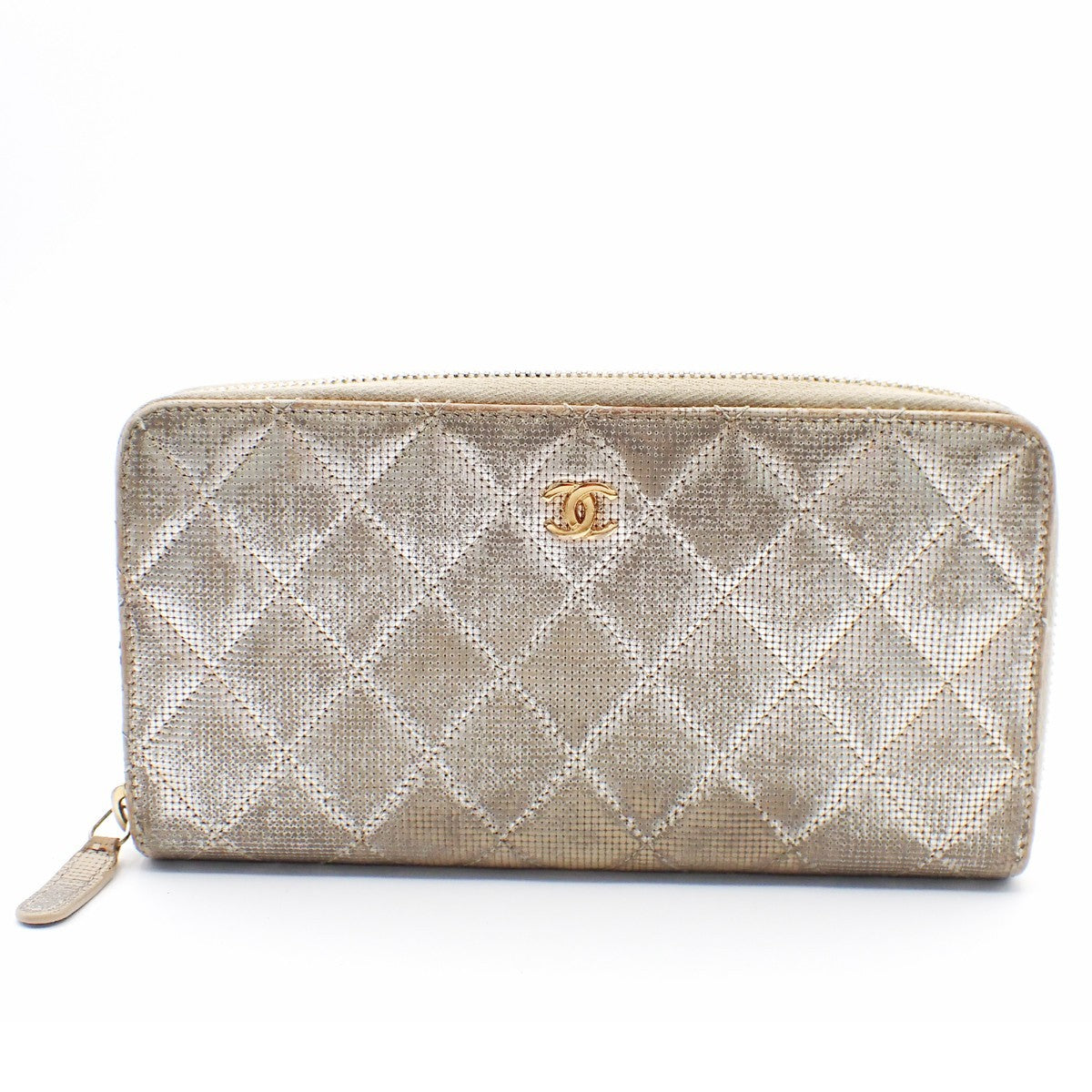 CHANEL CC Quilting Long Zipper Bifold Wallet Leather Silver GHW 05AA126