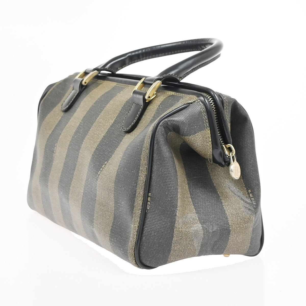 FENDI Logo Pequin Mini Boston Hand Bag PVC Leather Black Khaki GHW Italy 32YH898