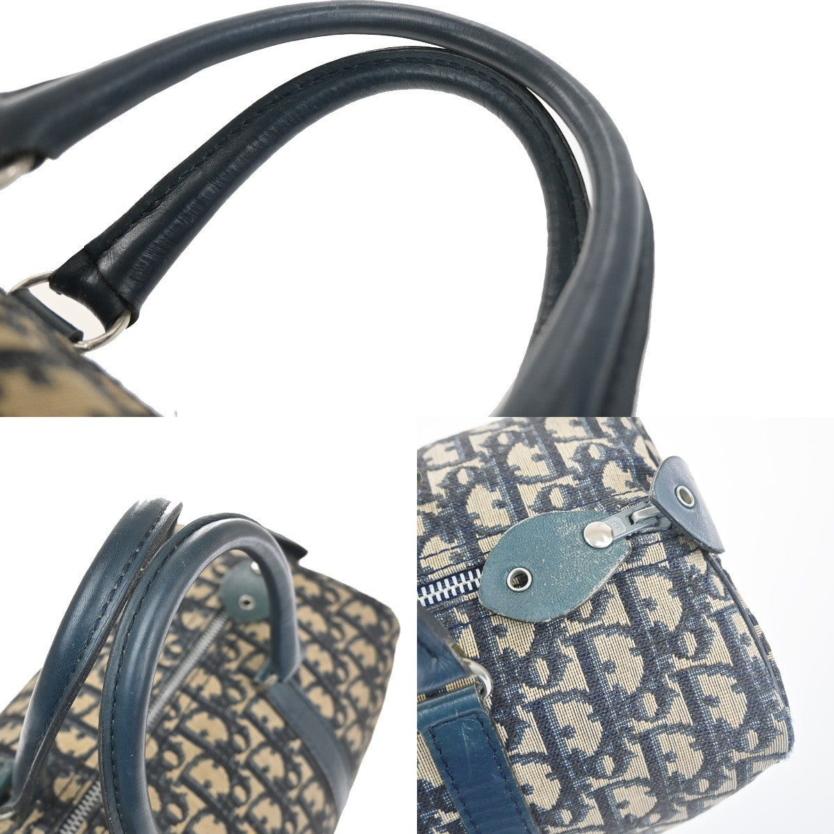 CHRISTIAN DIOR Logo Trotter Pattern Hand Bag Canvas Leather Blue France 79YH881