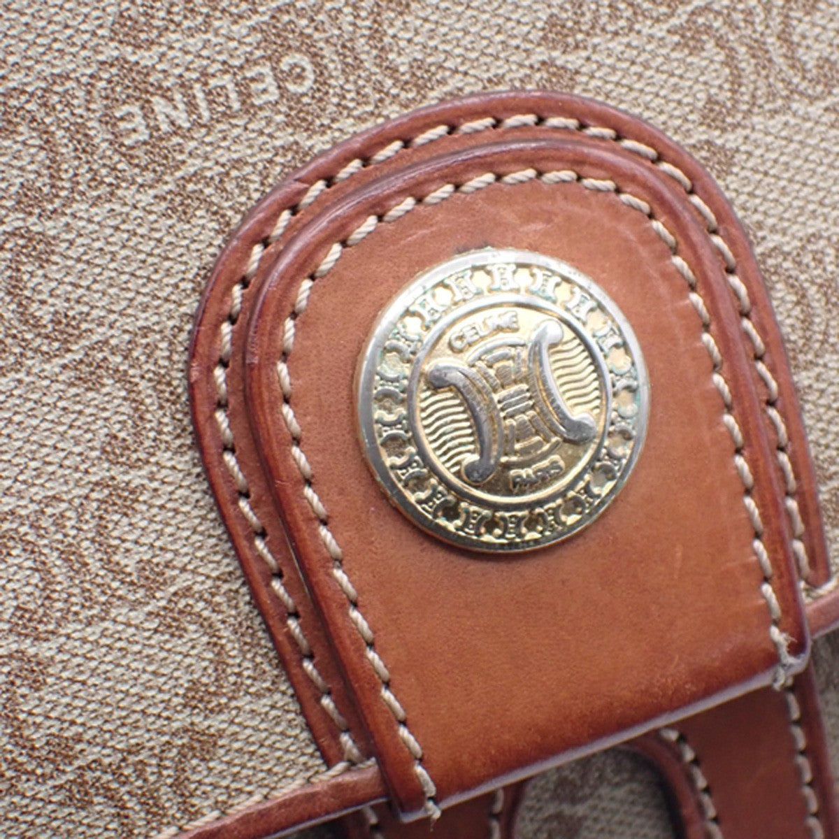 CELINE Logo Macadam Pattern Shoulder Bag PVC Leather Beige Italy 65KC571