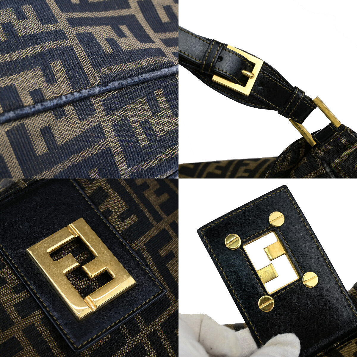 FENDI Logo Zucca Pattern Shoulder Bag Canvas Leather Brown SHW Italy 34SH943