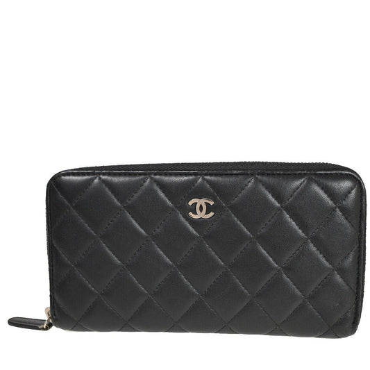 CHANEL CC Logo Zip Around Wallet Purse Matelasse Leather Black Silver 16HB878