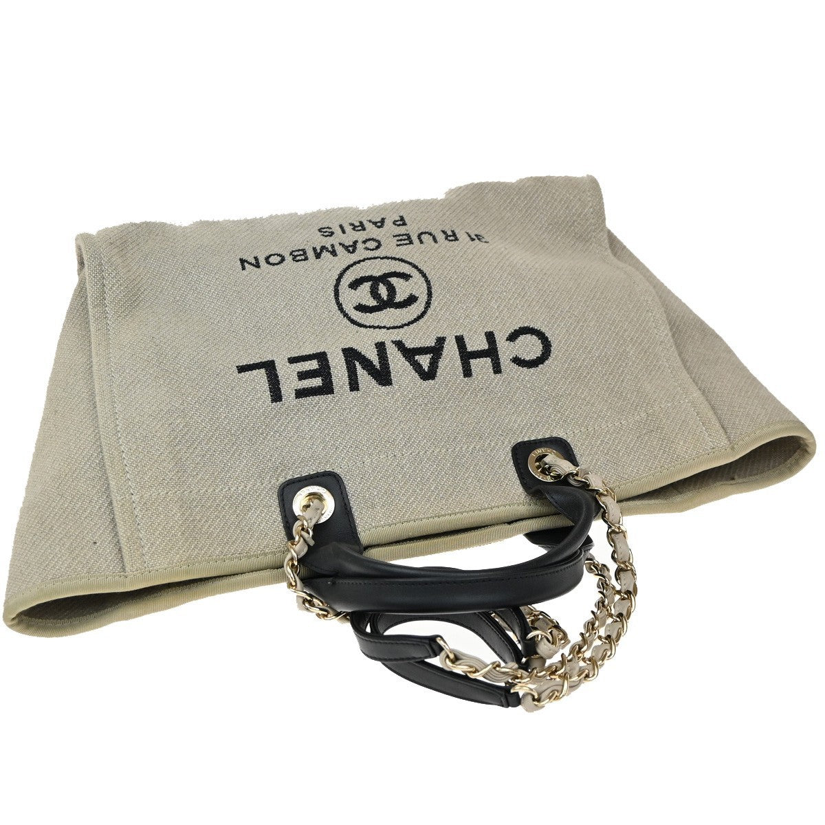 CHANEL Deauville 2Way Shoulder Hand Tote Bag Canvas Leather White Black 898RF787