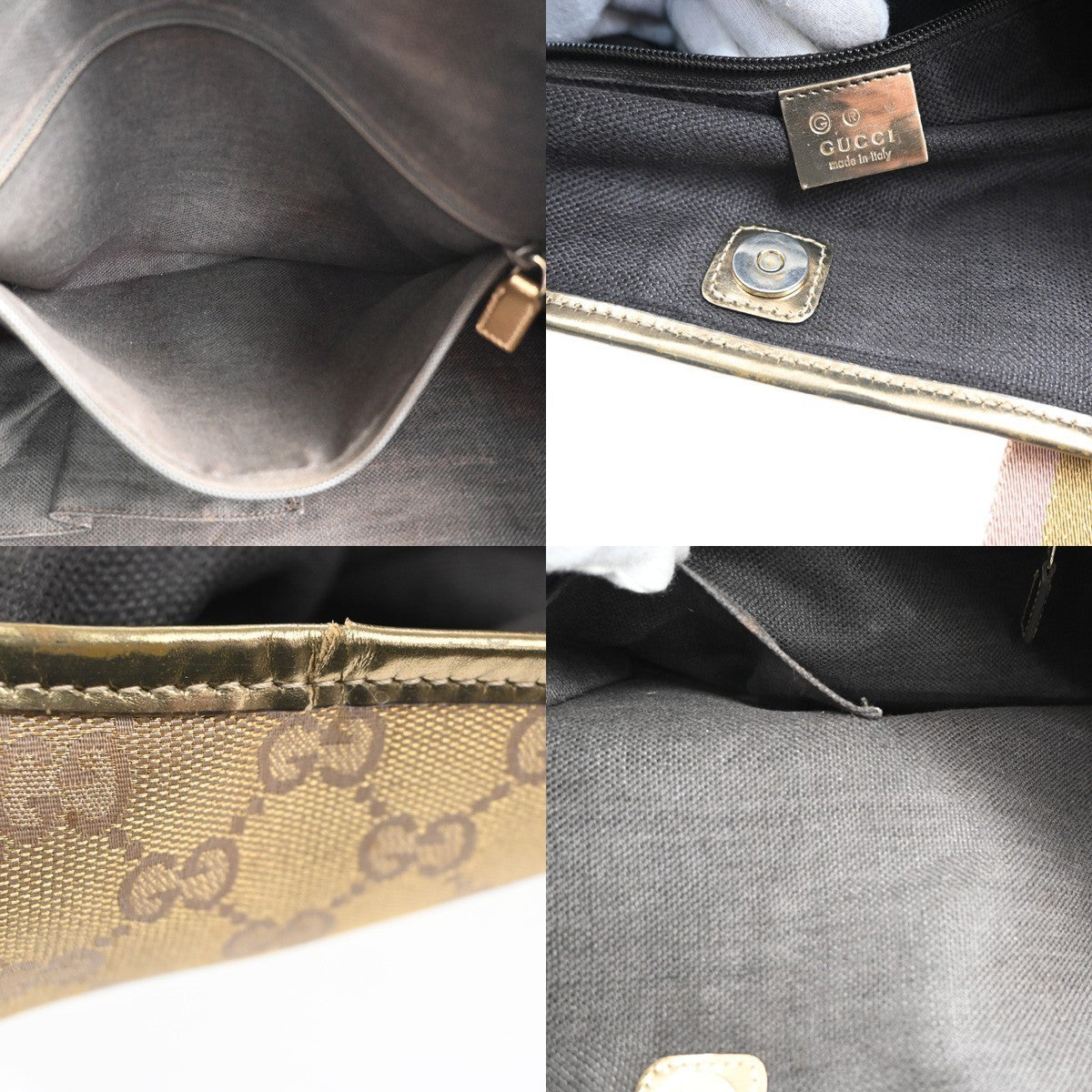 GUCCI GG Logo Canvas Shoulder Tote Bag Canvas Leather Gold Italy 34CA678