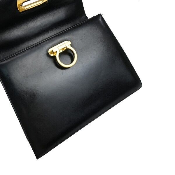 SALVATORE FERRAGAMO 2Way Gancini Shoulder Hand Bag Leather Black Gold 87EC640