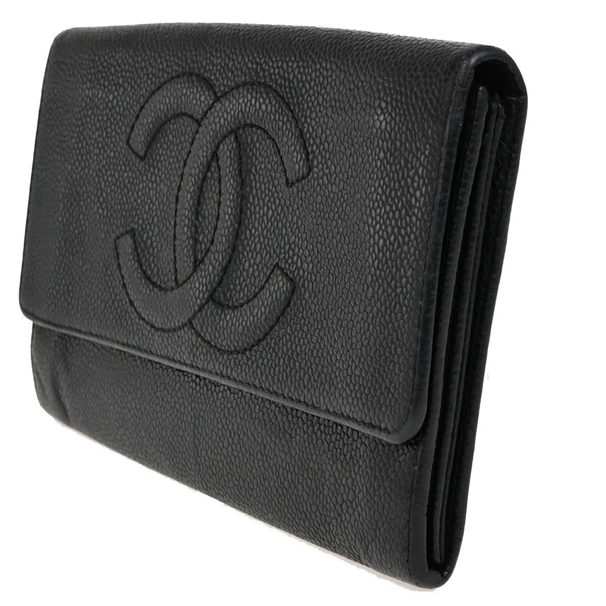 CHANEL CC Logo Bifold Long Wallet Grained Calfskin Leather Black 87RF251