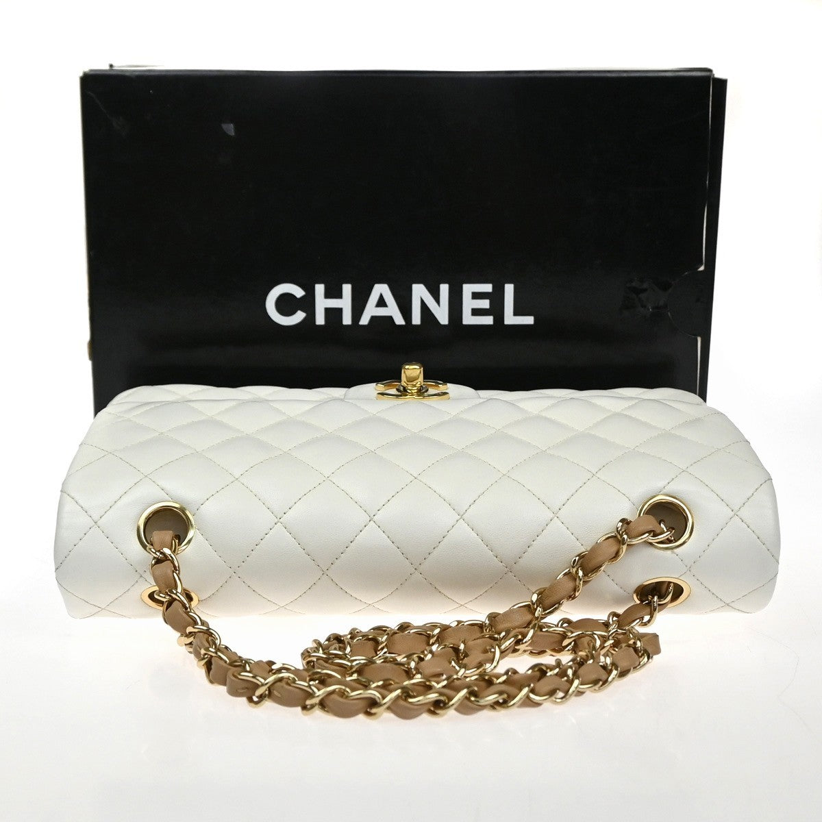 CHANEL CC Matelasse 25 Double Flap Chain Shoulder Bag Leather White GHW 870RQ054