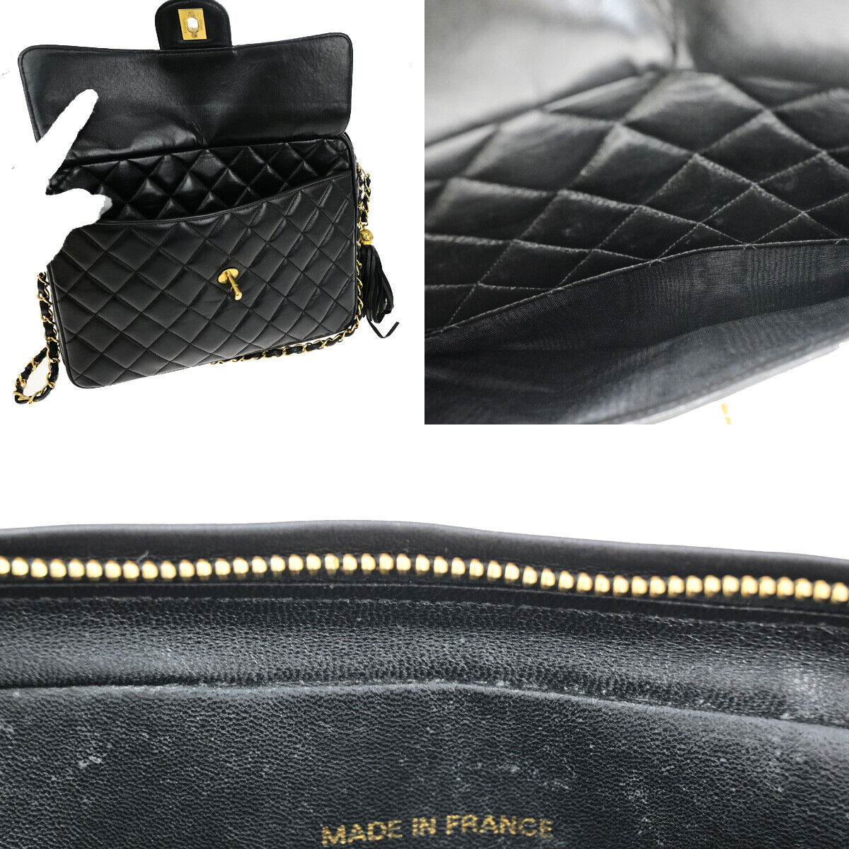 CHANEL CC Matelasse Tassel Chain Shoulder Bag Leather GHW BK Vintage 328RJ942