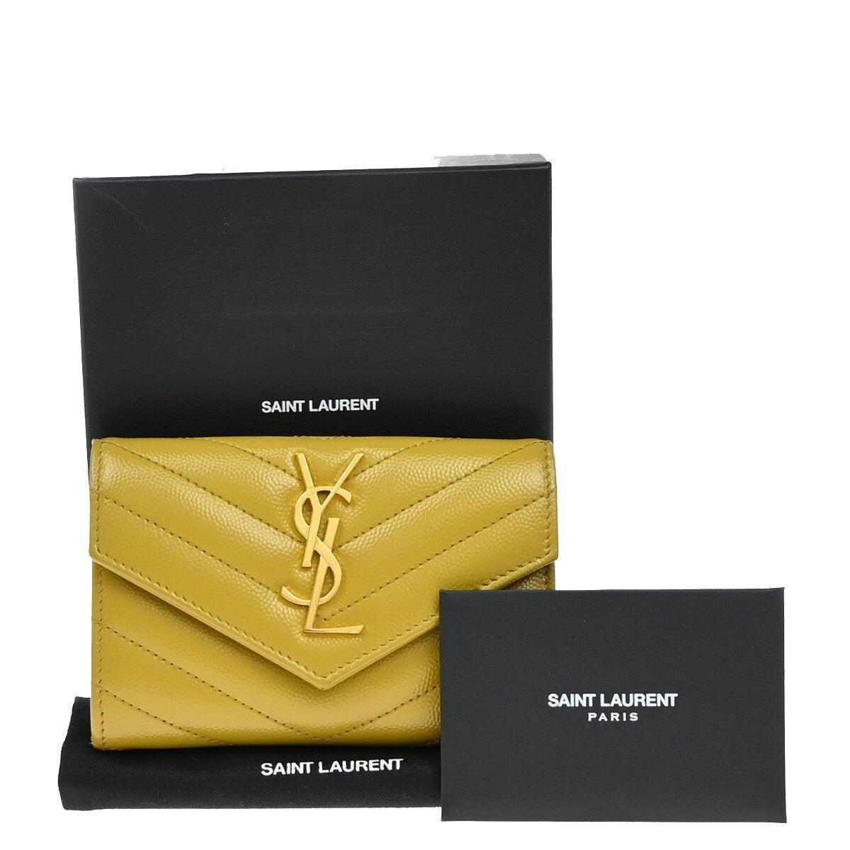 SAINT LAURENT YSL Logo Compact Bifold Wallet Leather Yellow GHW 85RF304