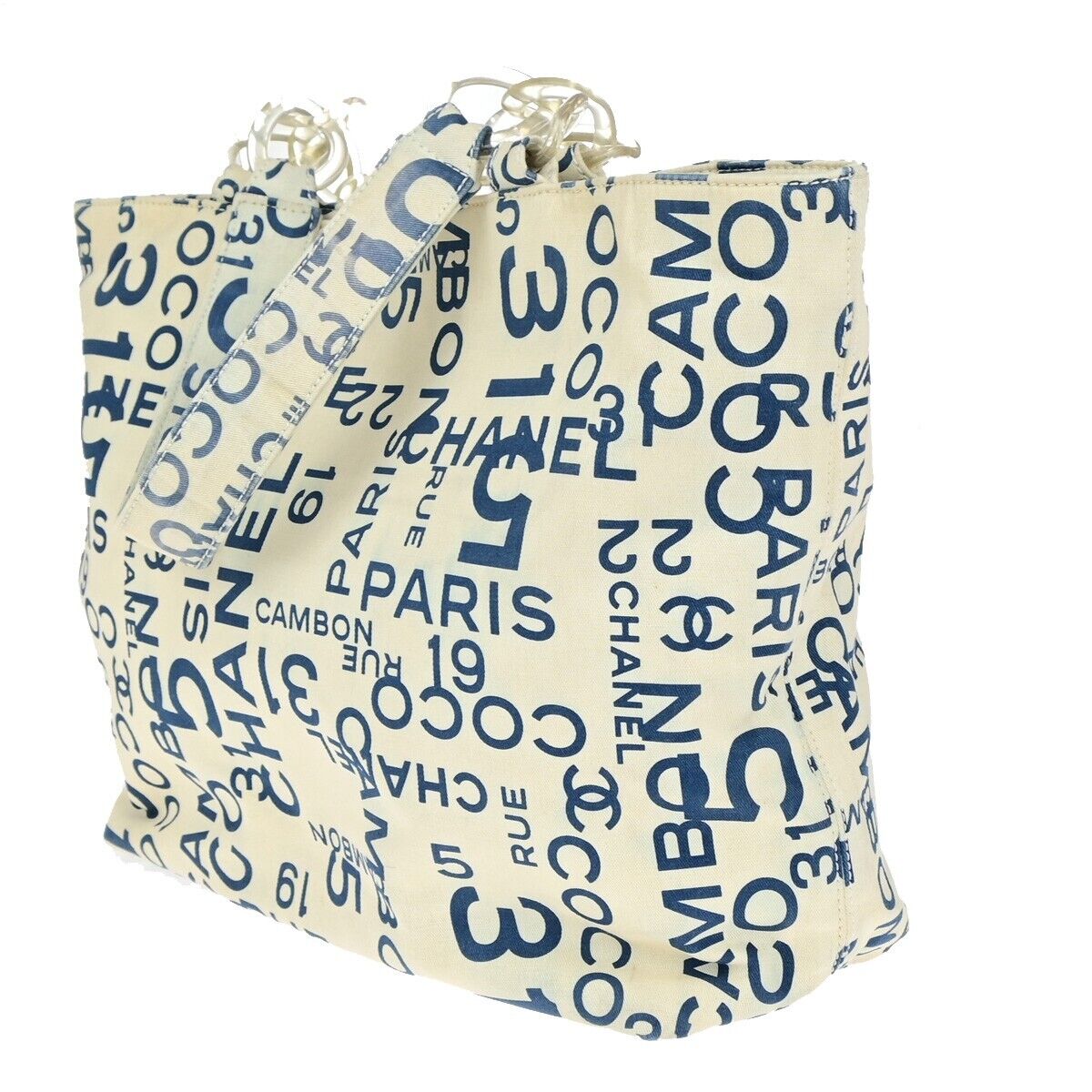 CHANEL Logo By Sea Shoulder Tote Bag Canvas Leather White Blue Italy 85EC913