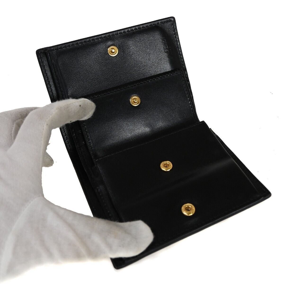 FENDI F Logo Bifold Wallet Purse Embossing Leather Black Gold Italy 32EA222