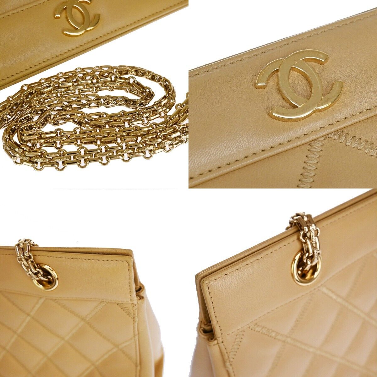 CHANEL CC Logo Matelasse Chain Shoulder Tote Bag Leather Beige GHW 305RJ393