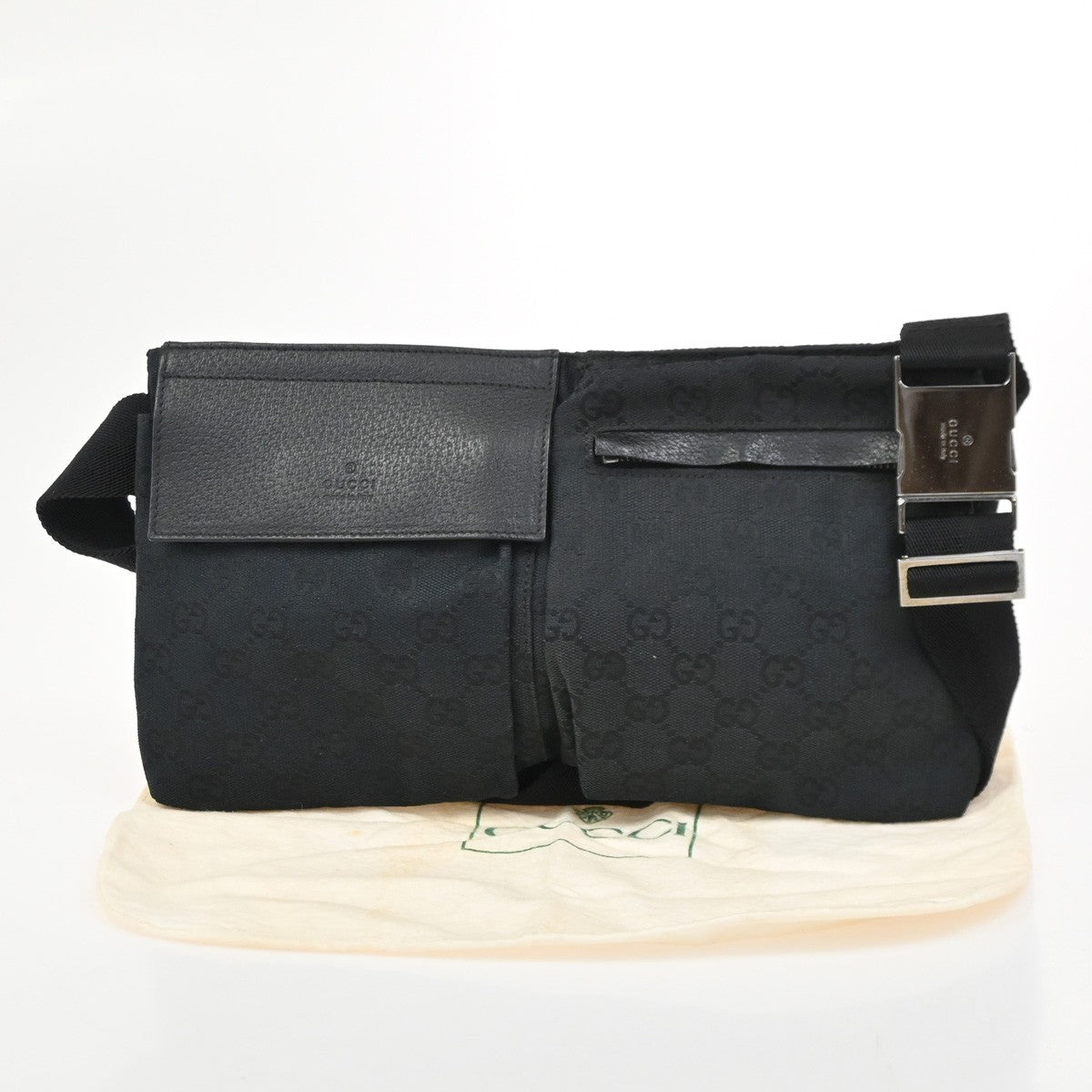 GUCCI Logo GG Pattern Mini Waist Belt Bag Canvas Leather Black SHW Italy 85KC747