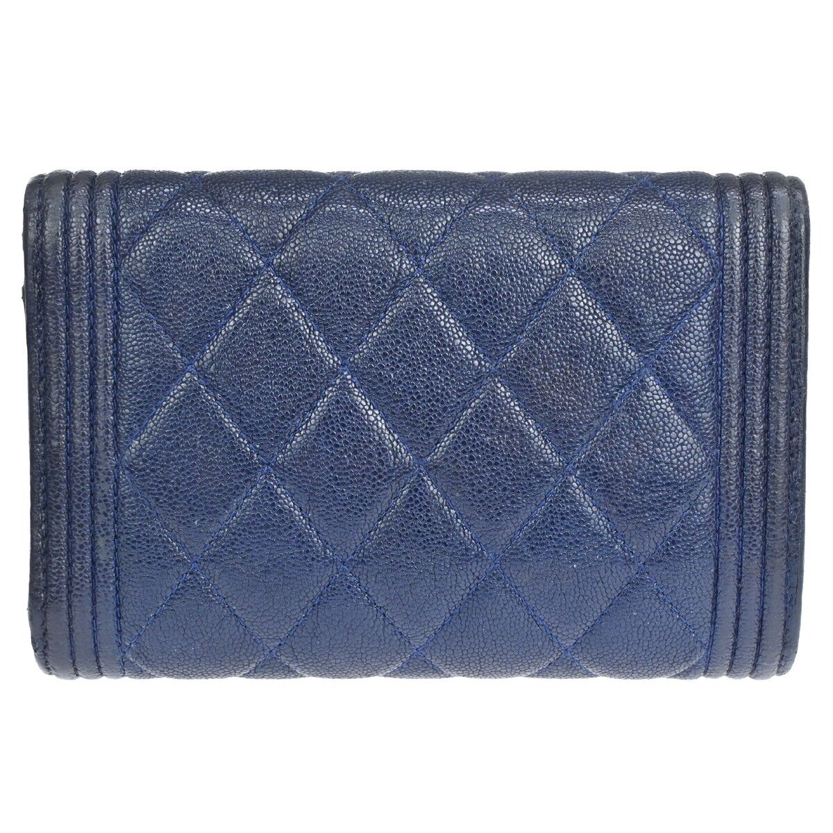 CHANEL CC Chanel boy Trifold Wallet Purse Caviar Skin Leather Navy Blue 34HB611