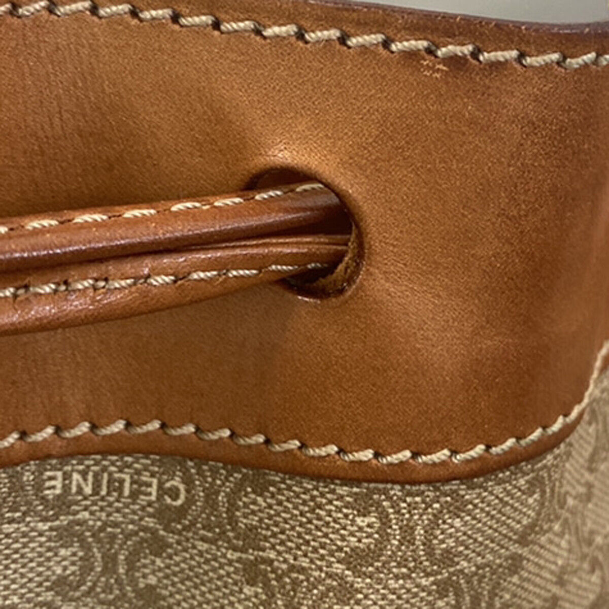 CELINE Macadam Drawstring Shoulder Tote Bag PVC Leather Beige Brown GHW 33YF570