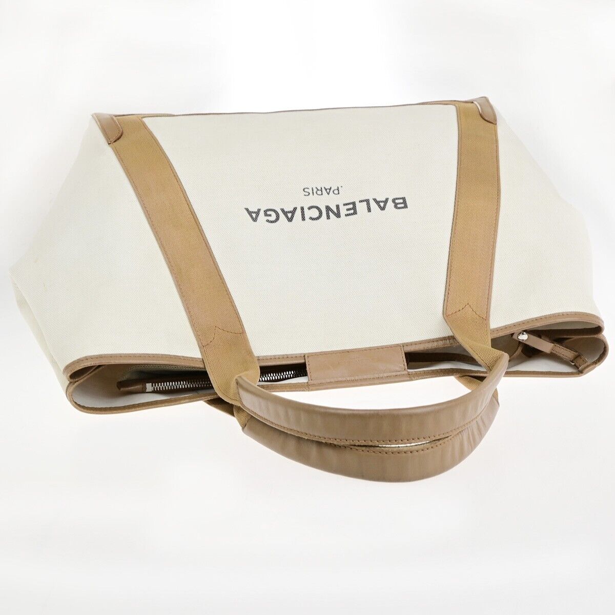 BALENCIAGA Logo Navy Cabas Shoulder Tote Bag Canvas Leather Ivory Brown 33EC031