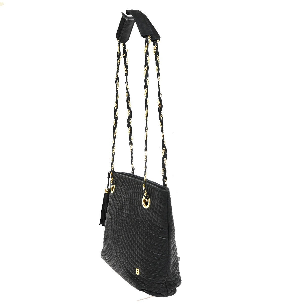 BALLY B Logo Quilted Chain Shoulder Bag Leather Black GHW Switzerland 01CA846