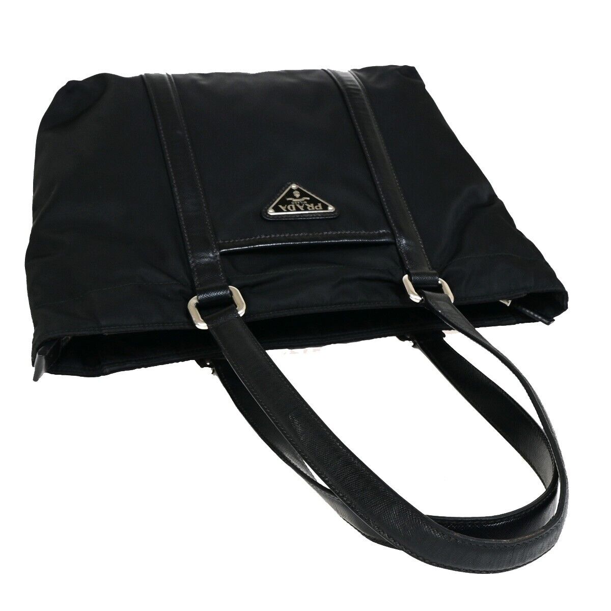 PRADA MILANO Logo Tessuto Shoulder Tote Bag Leather Nylon Black Silver 87SH931