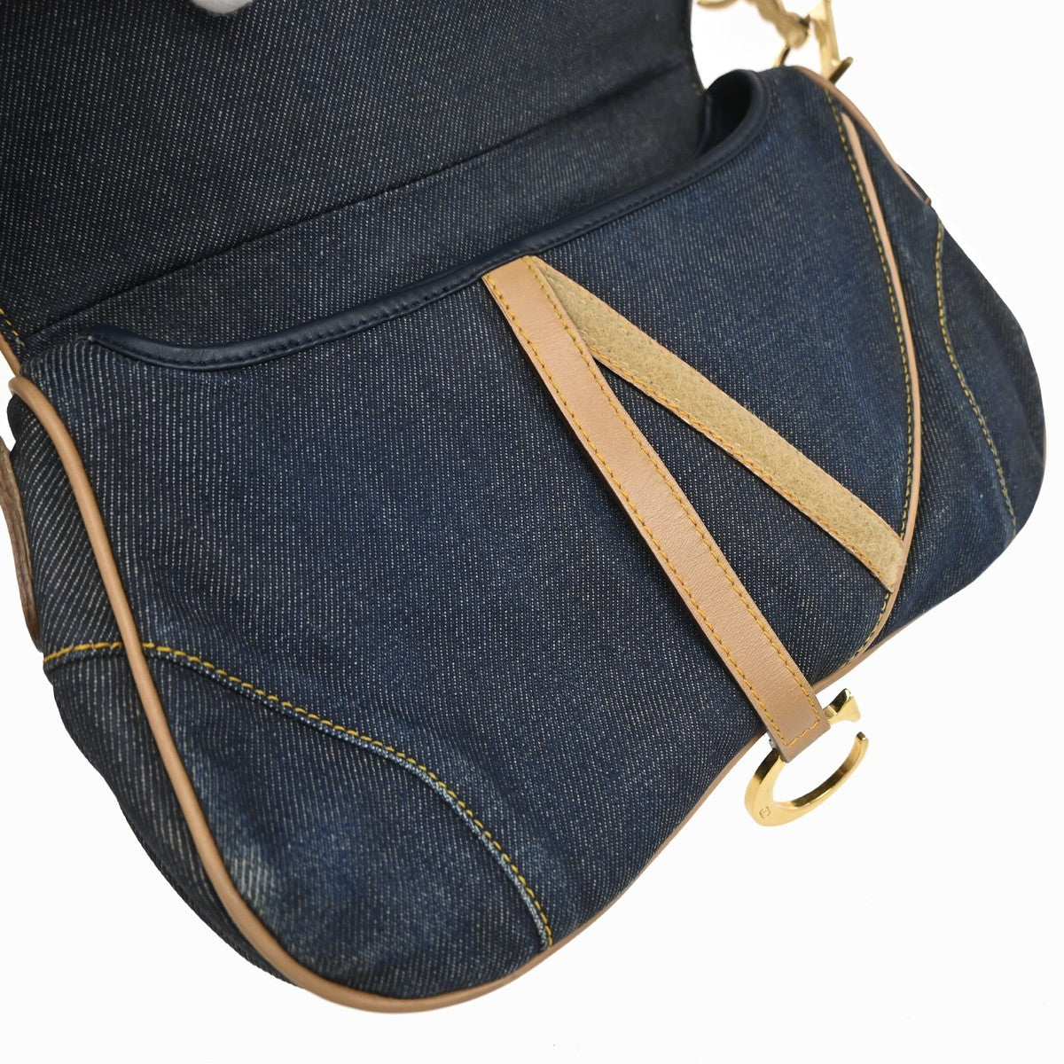 CHRISTIAN DIOR Double Saddle Denim Shoulder Bag Canvas Leather Blue 308RP166