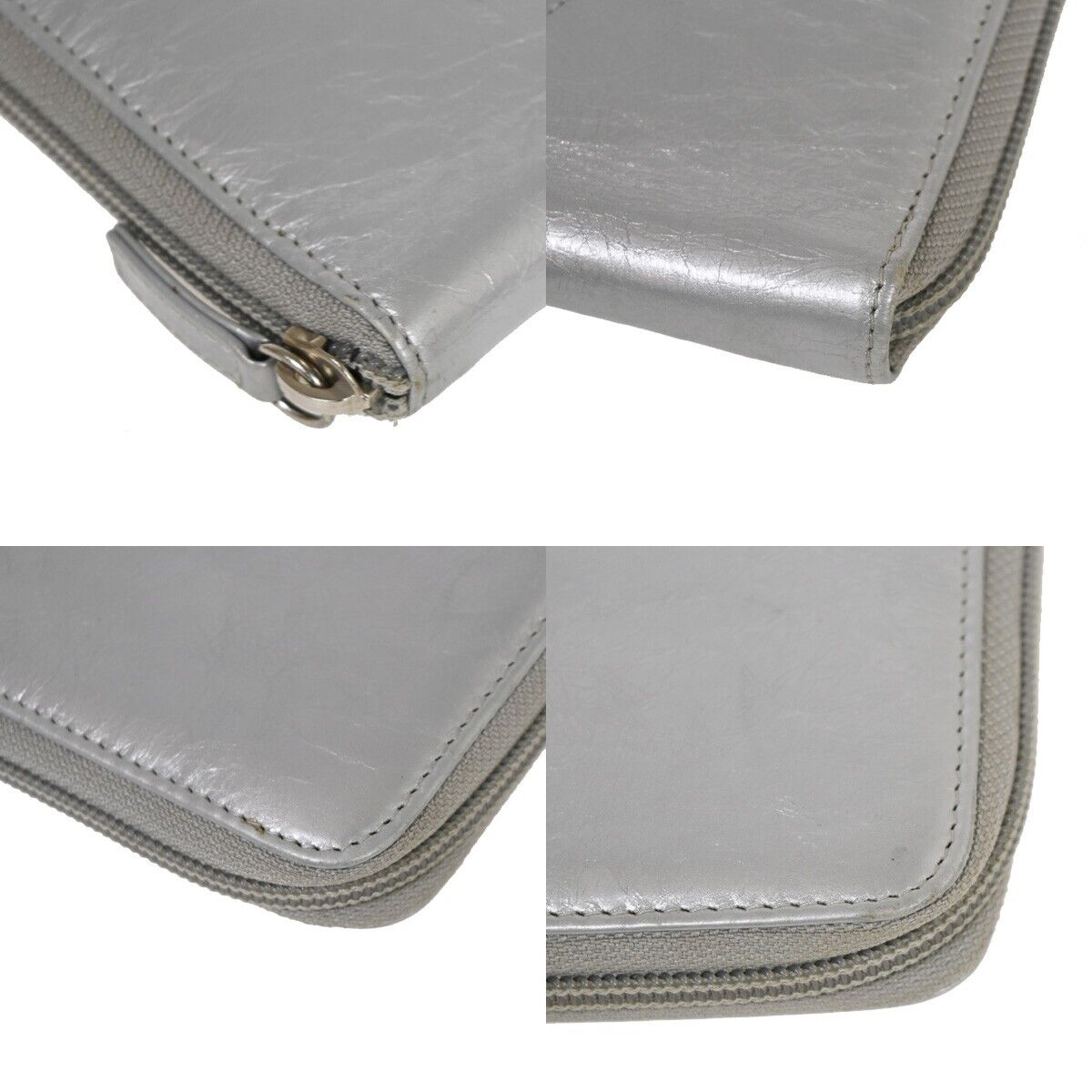 CHANEL CC Ribbon Around Zipper Bifold Wallet Purse Leather Silver SHW 60YD723