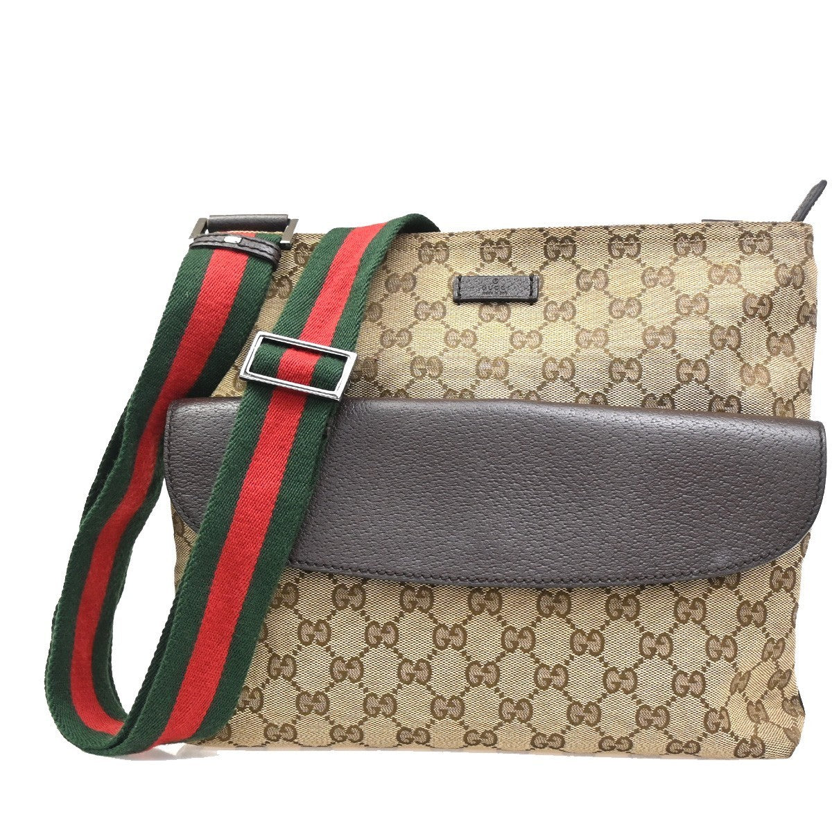 GUCCI Logo GG Pattern Web Messenger Bag Canvas Leather Brown SHW Italy 76KC193