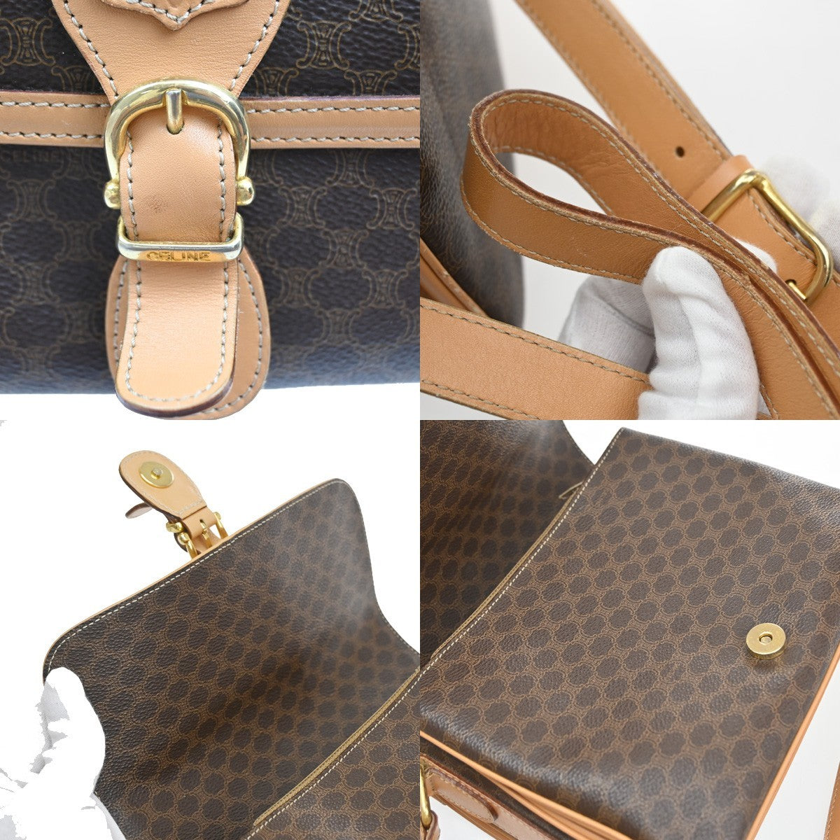 Celine logo Macadam  Pattern Shoulder Bag PVC Leather Brown Italy  89SA079