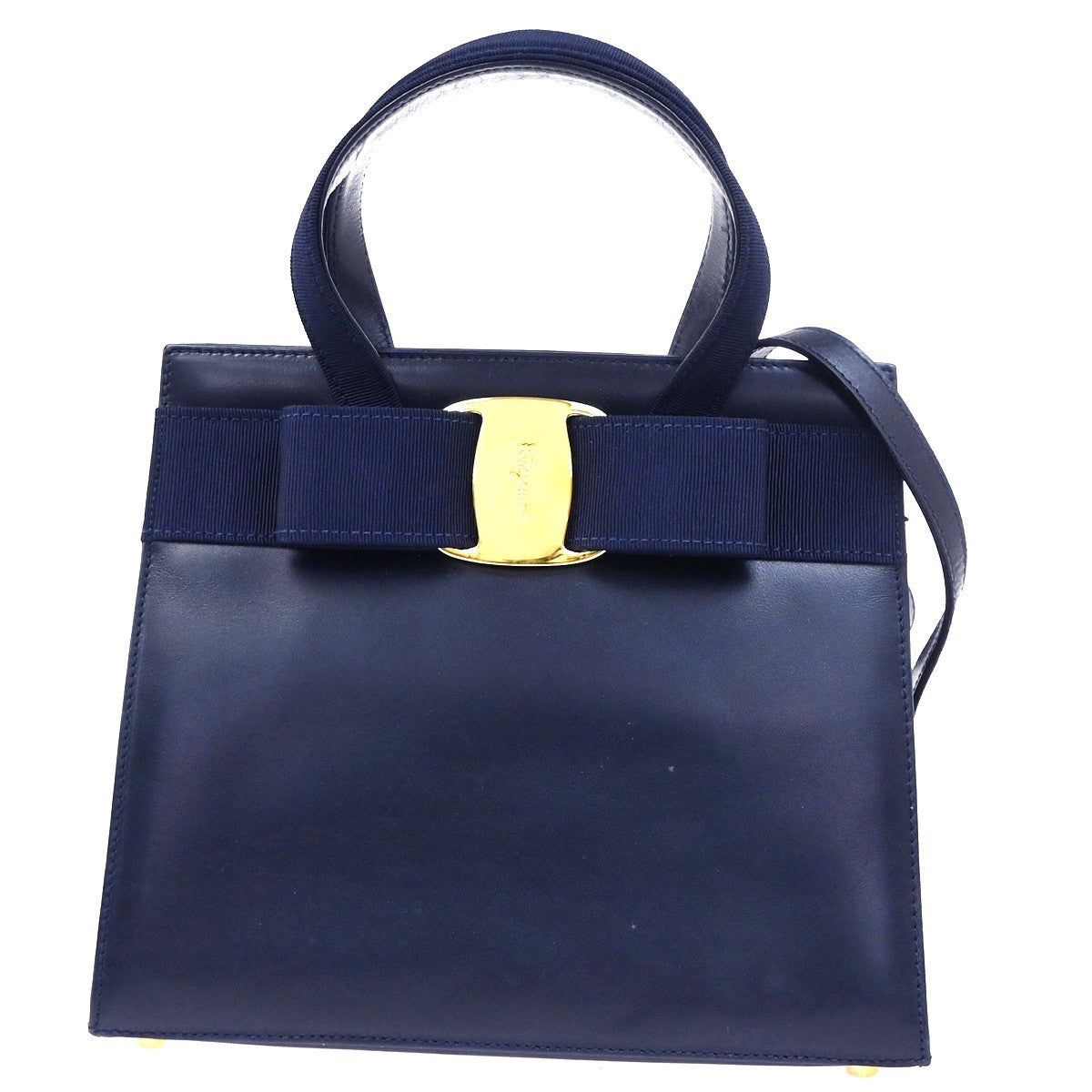 SALVATORE FERRAGAMO Vara 2Way Shoulder Hand Bag Canvas Leather Navy Blue 80YH965