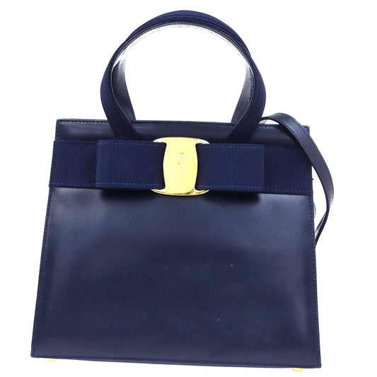 SALVATORE FERRAGAMO Vara 2Way Shoulder Hand Bag Canvas Leather Navy Blue 80YH965