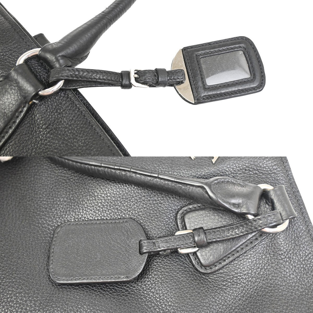 PRADA Logo Shoulder Hand Tote Bag Vitello Daino Leather Black SHW 87KC950