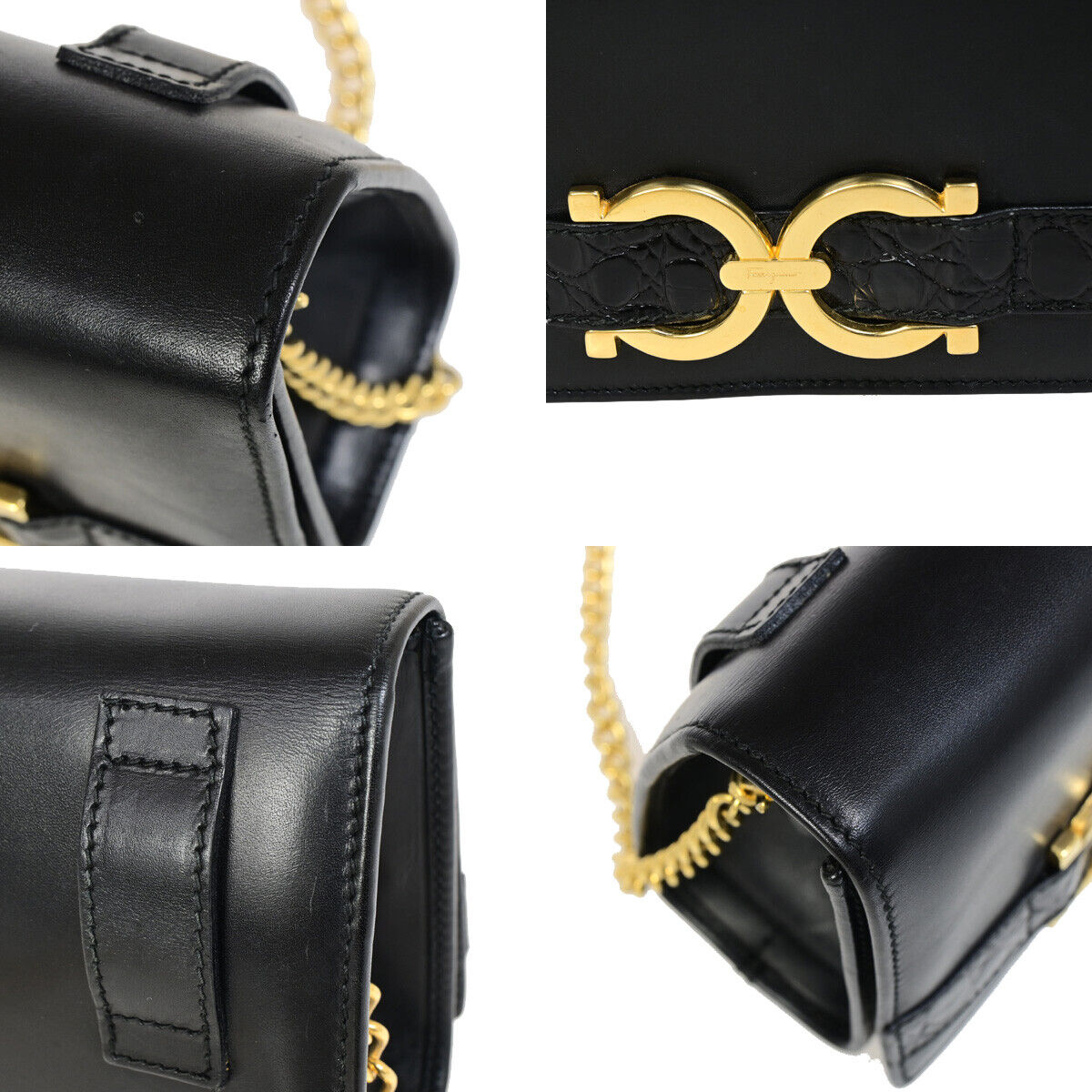 SALVATORE FERRAGAMO MIni Chain Shoulder Bam Bag Embossing Leather GHW 67SJ078