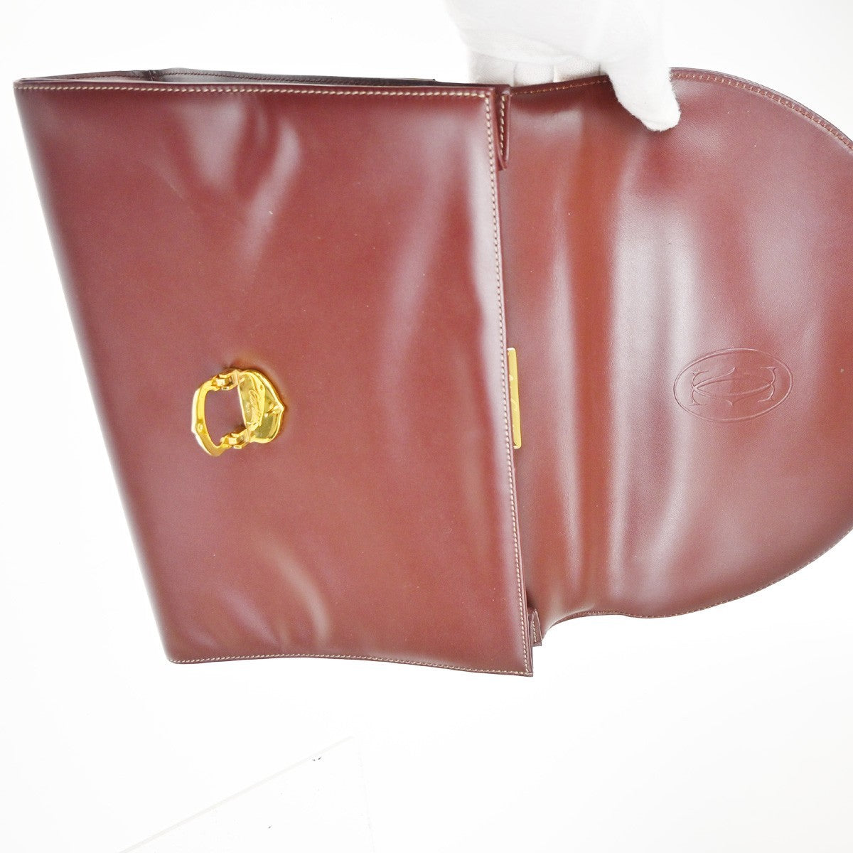 CARTIER Logo Must Line Hand Bag Leather Red Gold Burgundy Italy 64TA506