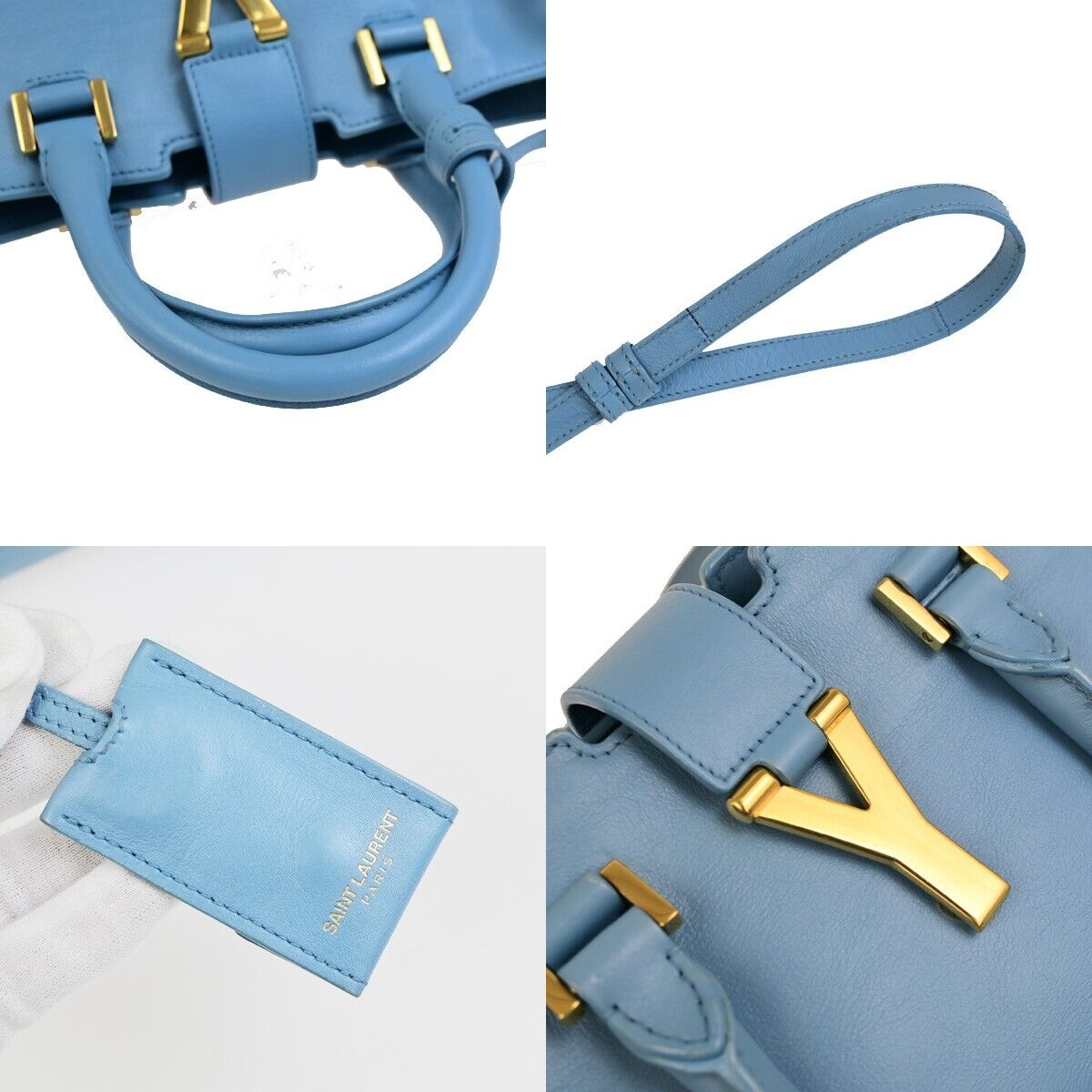 SAINT LAURENT  Logo Classic Y Cabas 2 Way Hand Bag Leather Blue Gold 79FB398
