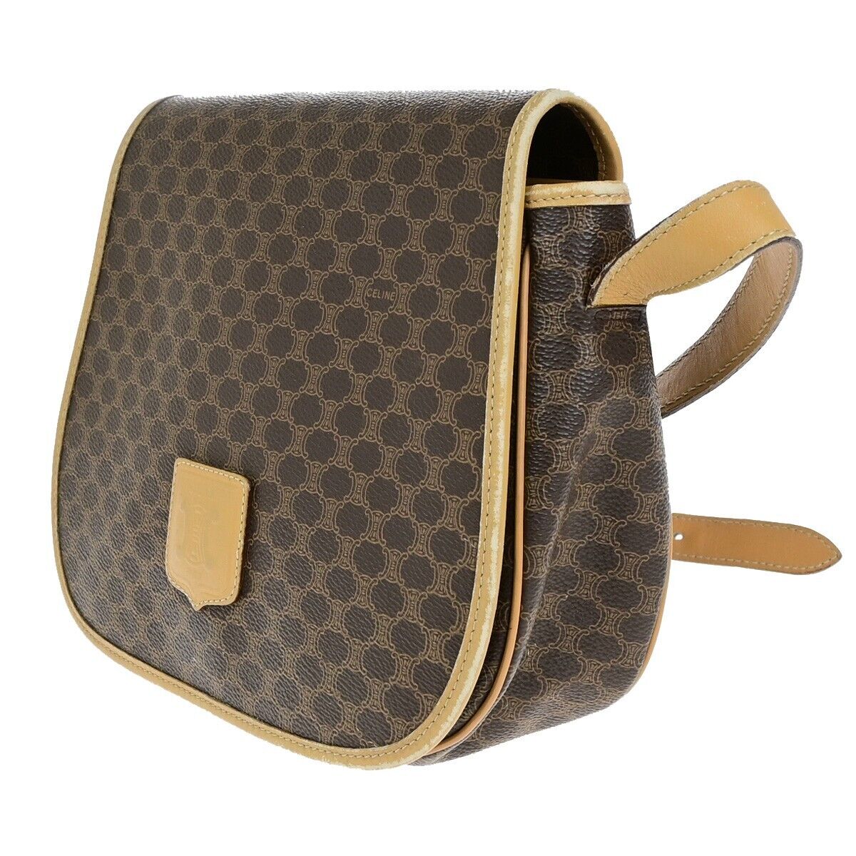 CELINE Logo Macadam Pattern Shoulder Bag PVC Leather Brown GHW Italy 69ED034