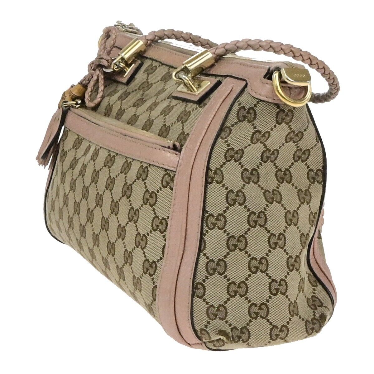 GUCCI Logo GG Pattern Shoulder Tote Bag Bamboo Canvas Leather Brown Pink 30EE118