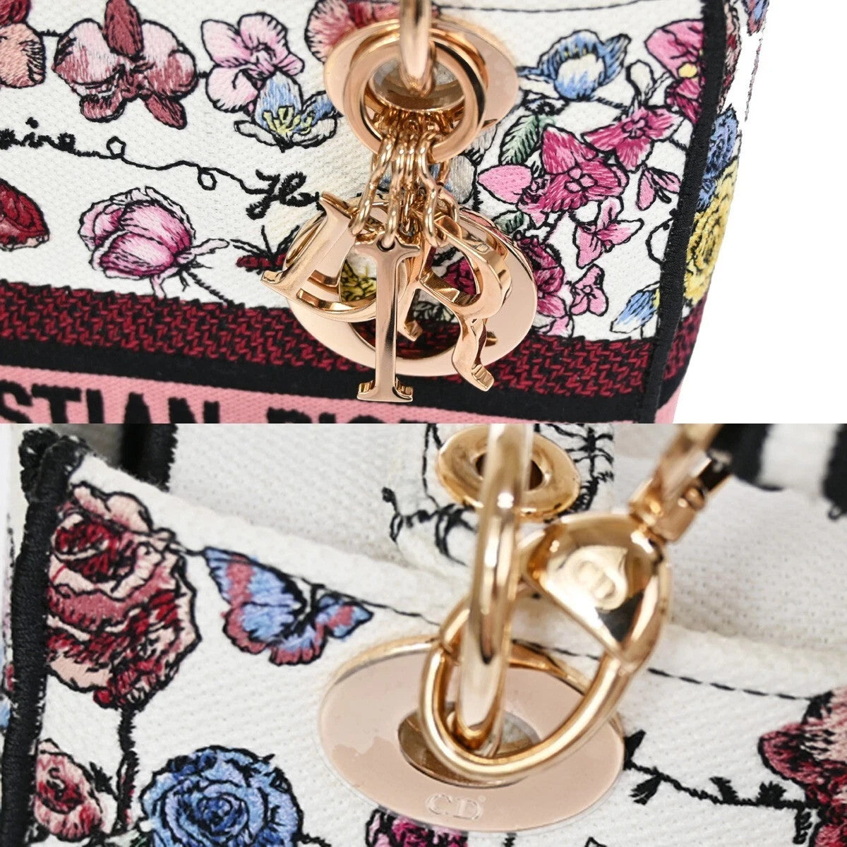48CHRISTIAN DIOR Lady D-Lite Florilegio Embroidery 2Way Hand Bag Canvas 782LC456