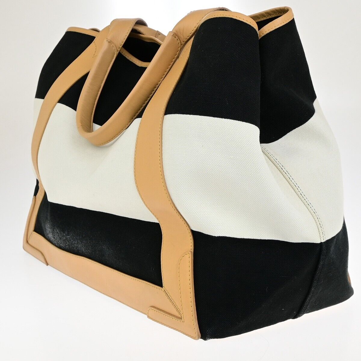 BALENCIAGA Logo Navy Cabas Shoulder Tote Bag Canvas Leather Black White 39EC740