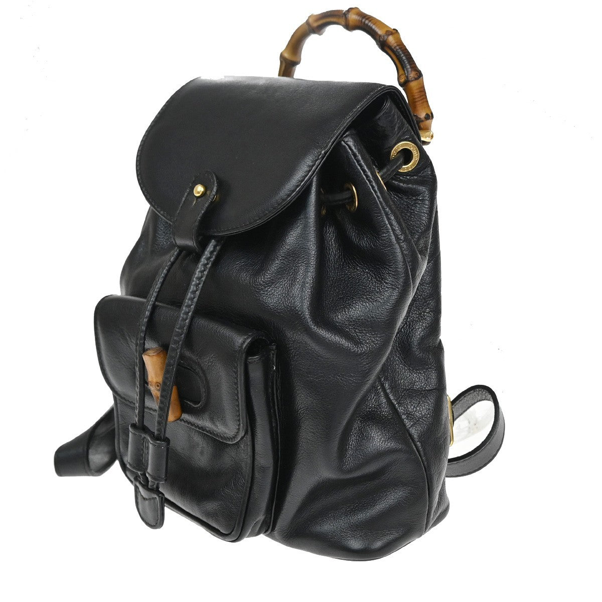 GUCCI Logo Bamboo Drawstring Backpack Bag Leather Black GHW Italy 38CA875