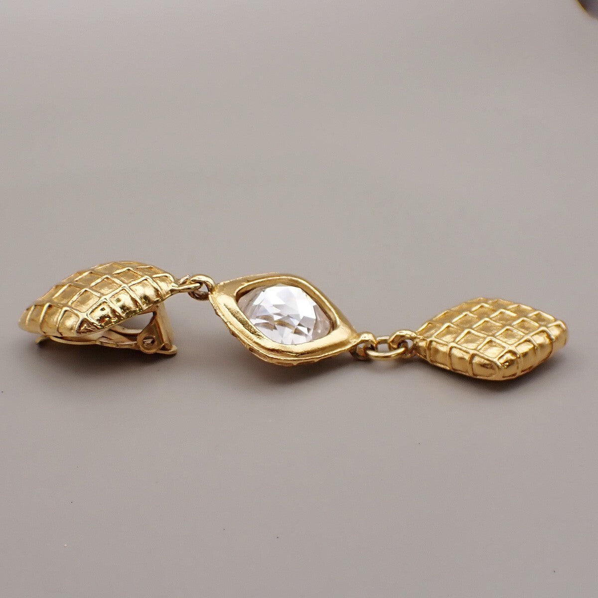CHANEL Matelasse Diamond Shape Drop Earrings Rhinestone Clip-On Gold 73RL067