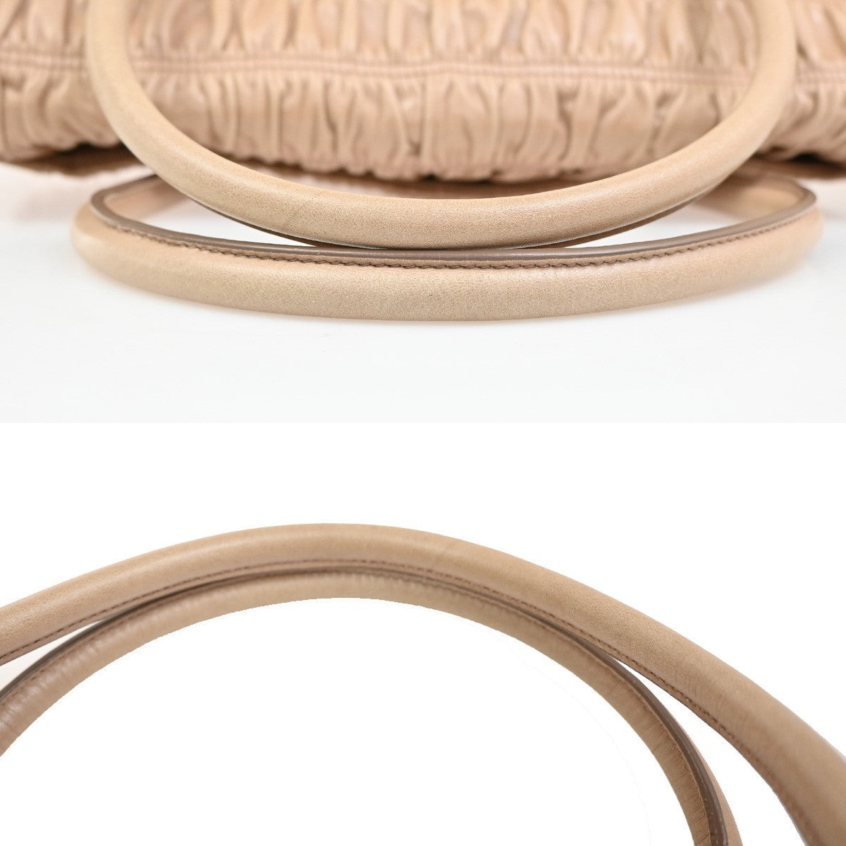 PRADA Logo Flap Shoulder Hand Bag Gathered Nappa Leather Beige Italy 70MA395