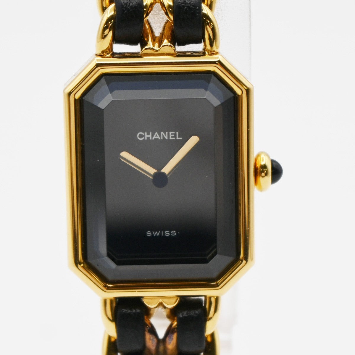 CHANEL Logo Premiere Watch M Size Quartz Gold Plated Leather Swiss Made 620LC637