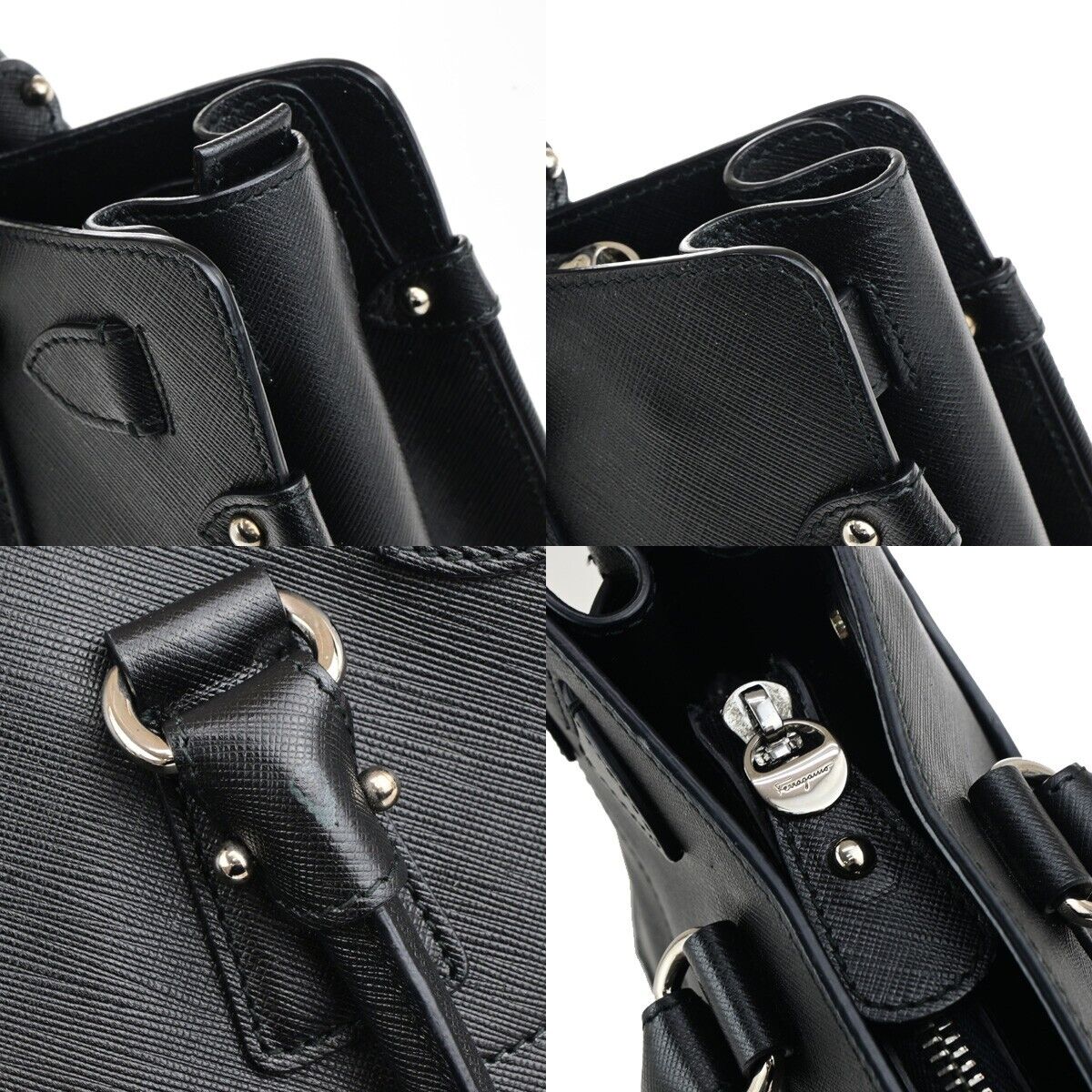 SALVATORE FERRAGAMO Gancini Hand Bag Leather Black Silver Made in Italy 61KA499