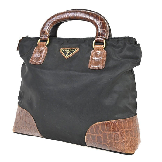 PRADA MILANO Tessuto Tote Hand Bag Nylon Embossing Leather Black Brown 38FA390