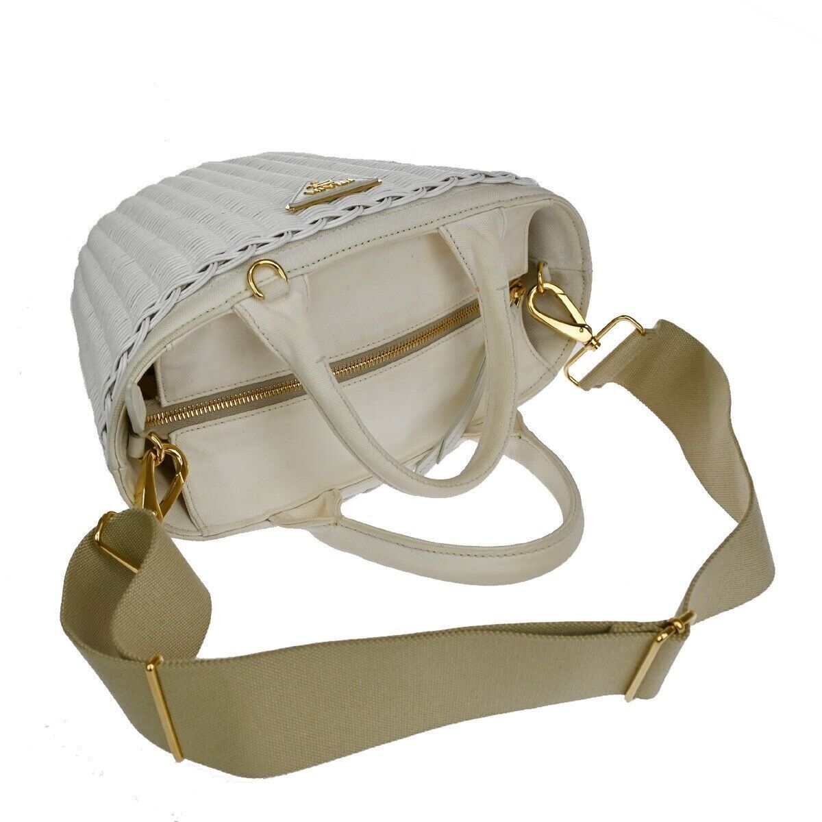 PRADA Logo Midollino Wicker 2Way Shoulder Hand Bag Canvas Leather White 686RH260