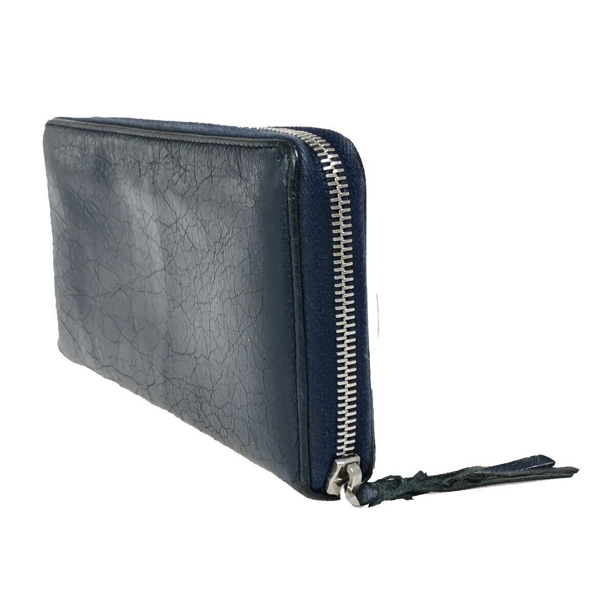 BALENCIAGA Logo Continental Zip Around Long Wallet Purse Leather Navy 09FB095