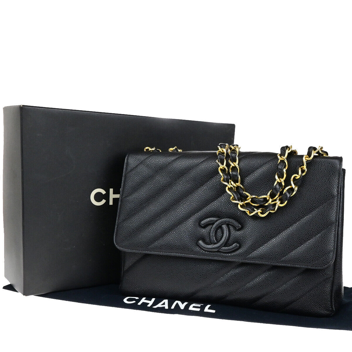 CHANEL CC Bias Stitch Chain Shoulder Bag Grained Calfskin Leather BK 744RK771