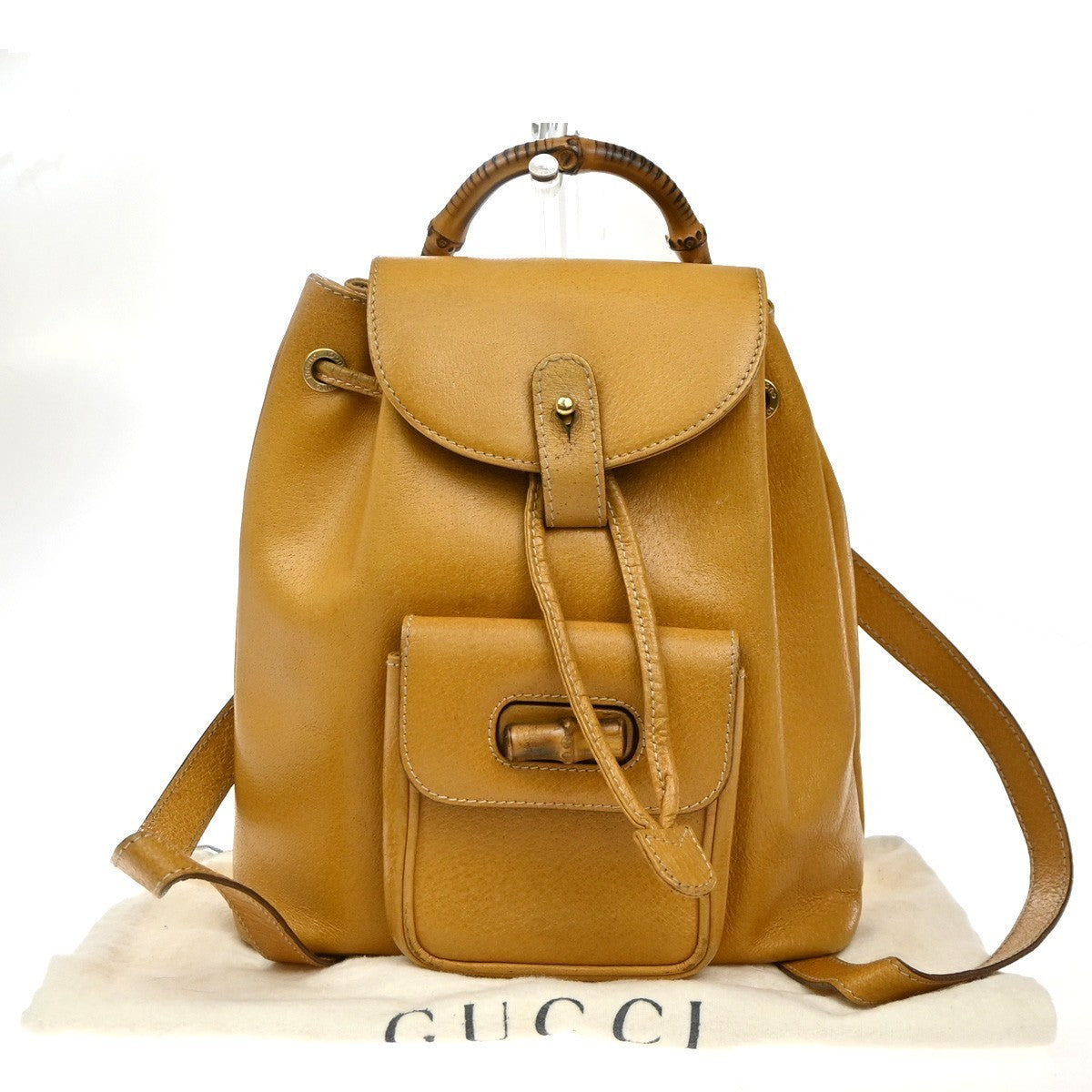 GUCCI Logo Bamboo Drawstring Mini Backpack Bag Leather Yellow GHW Italy 65KP452