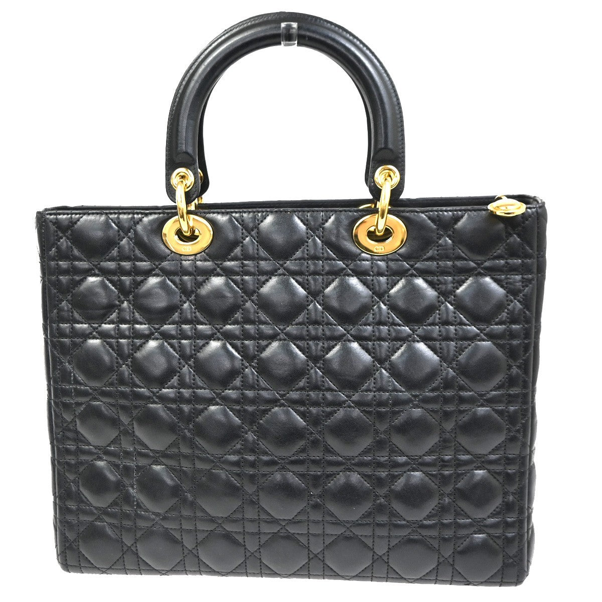 CHRISTIAN DIOR Lady Cannage Hand Tote Bag Leather Black Gold Italy 653RL740