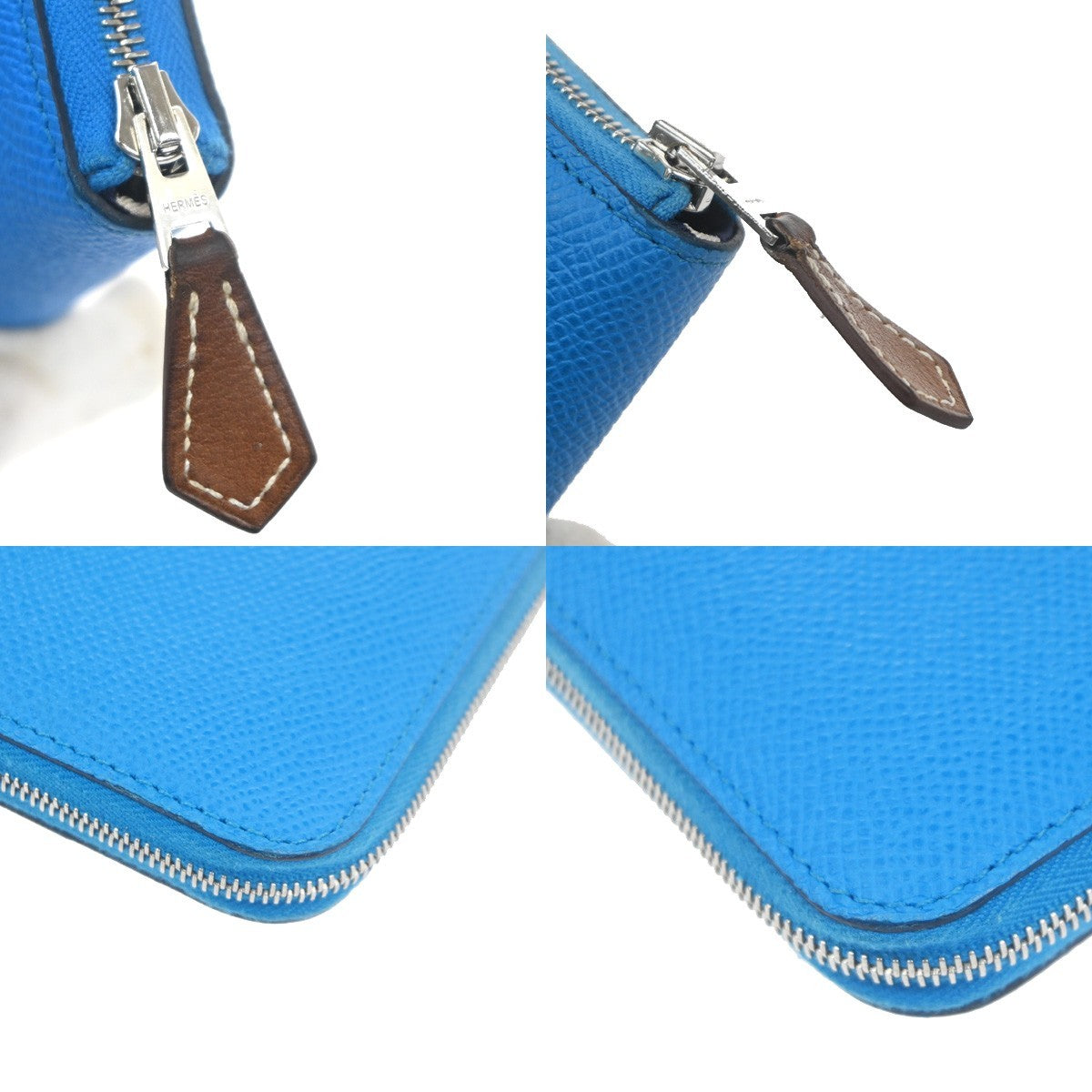 HERMES Logo Azap Zip Around Wallet Silk In Epson Leather Blue SHW France 80RL942