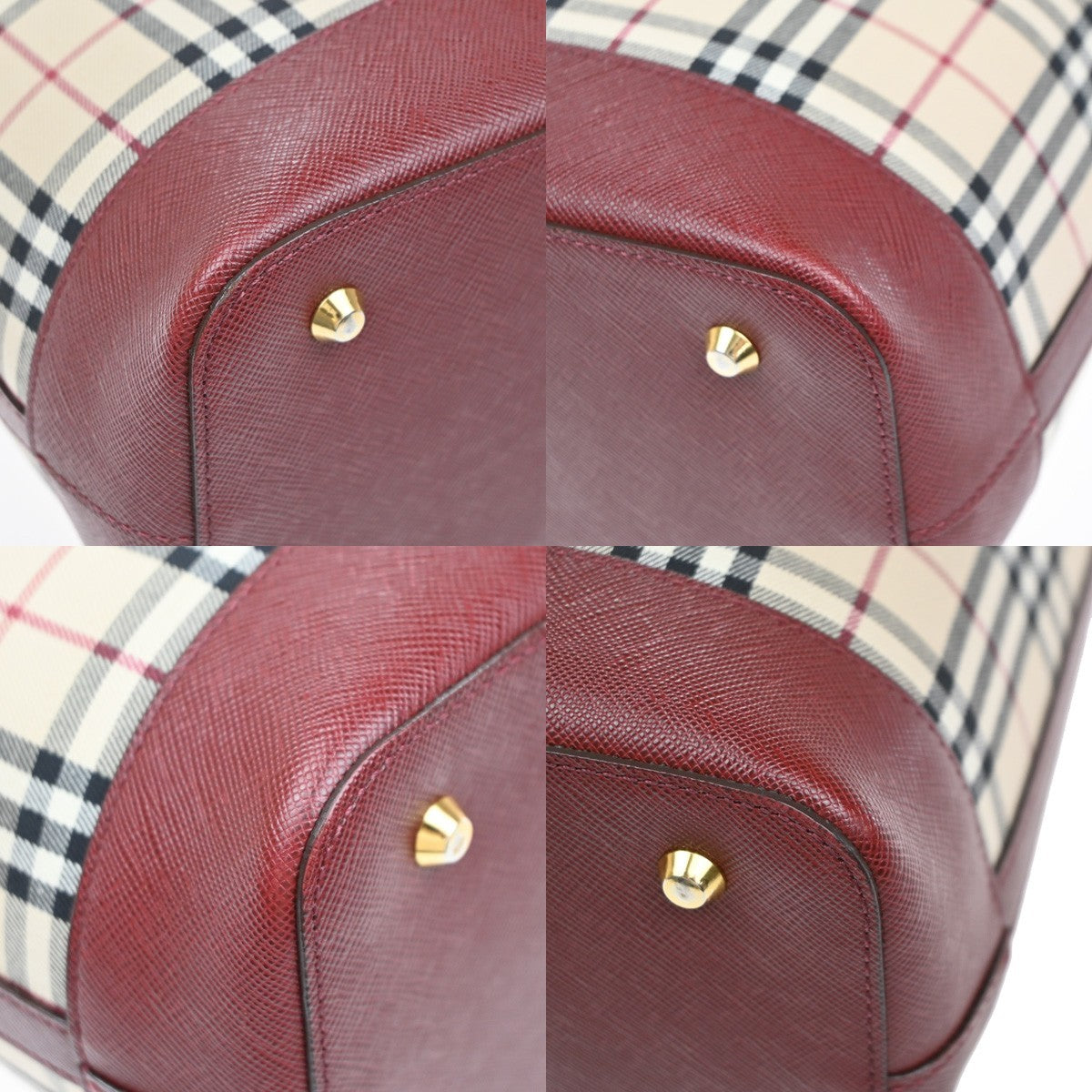 BURBERRY Logo Nova Check Hand Bag Canvas Leather Beige Red GHW 39RQ059