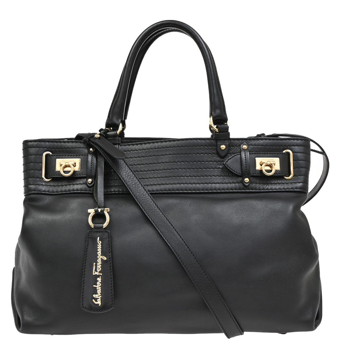 SALVATORE FERRAGAMO Gancini 2Way Shoulder Bag Leather Black GHW Italy 81RL585